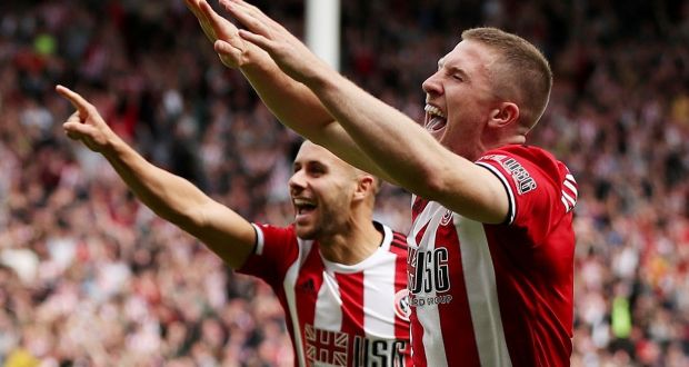  Sheffield United’s John Lundstram celebrates with George Baldockin after scoring against Crystal Palace in their  Premier League game at  Bramall Lane, Sheffield, on August 18th. Photograph:  Reuters/Lee Smith 