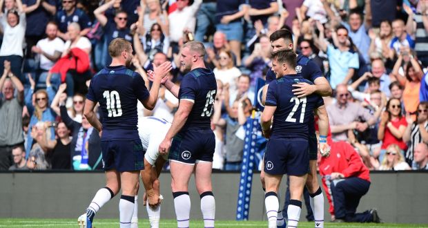 Scotland players react at the final whistle as they beat France in their World Cup warm-up at Murrayfield. Photo: Mark Runnacles/Getty Images