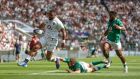 England’s Joe Cokasaniga scores his side’s first try of the game against Ireland during the World Cup warm-up clash at Twickenham, London. Photograph: David Davies/PA