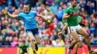 Dublin’s Con O’Callaghan celebrates one of his two goals against Mayo in the semi-final. Photograph: Tommy Dickson/Inpho  