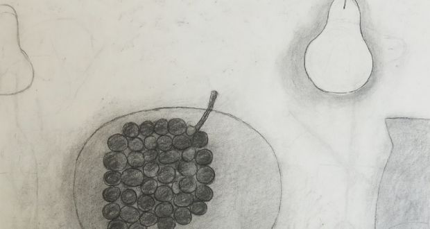Untitled (Plate, Grapes, Pear & Jug), William Scott, 1975, charcoal on paper, 50 x 65cm
