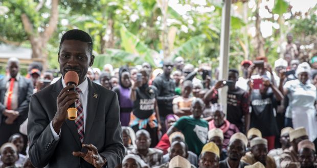 Popstar and opposition leader Bobi Wine speaks at a campaign event in Mpigi, Uganda.  Photograph: Sally Hayden.