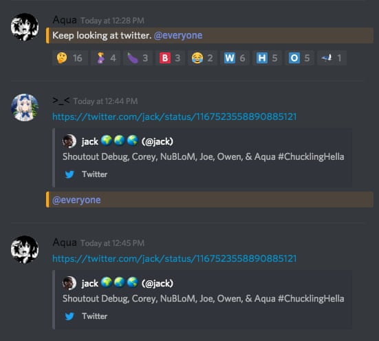 Users in a Discord server, or chat room, that was linked to by the hackers of Jack Dorsey’s account Photograph: Discord