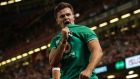 Jacob Stockdale celebrates his first try against Wales. Photograph: Billy Stickland/Inpho