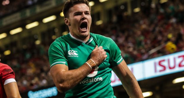 Jacob Stockdale scored a brace of tries in Ireland’s RWC warm-up win over Wales in Cardiff. Photograph: Billy Stickland/Inpho