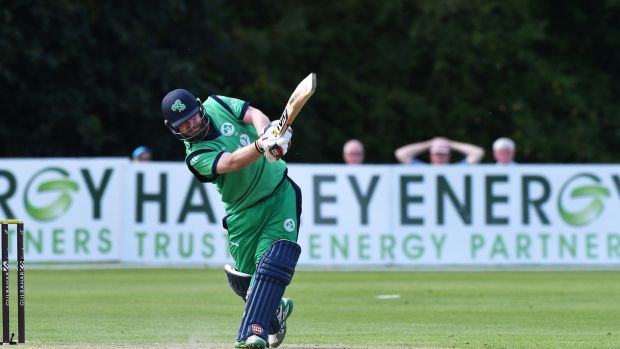 Paul Stirling hits a six for Ireland against Afghanistan in a One-Day International at Stormont in Belfast in August 2018. Photograph: Rowland White/Inpho