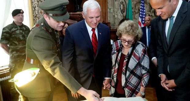 US vice president Mike Pence, Nancy Pence-Fritsch and Taoiseach Leo Varadkar, An Taoiseach at Farmleigh House, where Mr Pence was  the service records of his grandfather, Richard Michael Cawley, who served with distinction in the  Defence Forces during the Civil War. Photograph: Maxwell