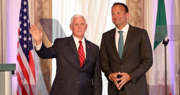 US vice-president Mike Pence with Taoiseach  Leo Varadkar  after their talks at Famleigh House in the Phoenix Park, Dublin. For Pence to mention Boris Johnson and sincerity in the same sentence, on Tuesday of all days, was beyond parody. Photograph:  Paul Faith/Getty Images