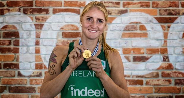 Sanita Puspure displays the gold medal she won at the World Championships. She is now favourite to win Olympic gold in Tokyo. Photograph: Billy Stickland/Inpho