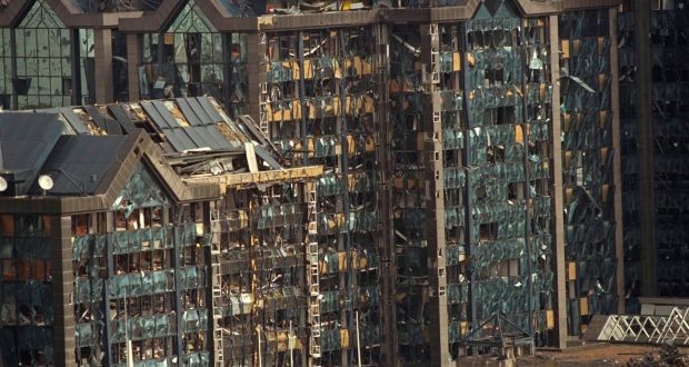 The aftermath of the IRA bombing of Canary Wharf.  Photograph: Matthew Polak/Sygma via Getty