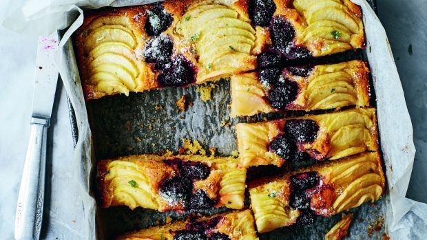 Apple and blackberry traybake with sweet geranium sugar from Darina Allen’s latest book, One Pot Feeds All