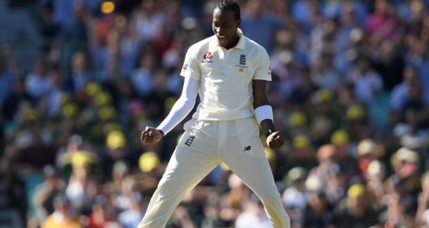 England bowler Jofra Archer celebrates the wicket of Marnus Labuschagne of Australia during day two of the fifth  Ashes Test  at The  Oval. Photograph: Alex Davidson/Getty Images