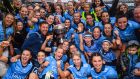 Dublin players celebrate with the Brendan Martin Cup following the All-Ireland Senior Ladies’ Football Championship final between Dublin and Galway, at Croke Park, on Sunday. Photograph: Stephen McCarthy/Sportsfile 