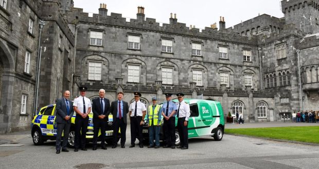 An Post head of security Brendan Cloonan, Assistant Commissioner Michael Finn, Chief Supt Dominic Hayes, Supt Derek Hughes, Crime Prevention Officer Peter McConnon and Jom Bergin of An Post at the launch of the initiative at Kilkenny Castle. Photograph: An Garda Síochána 