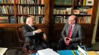 President Michael D Higgins with  Irish Times Environment and Science Editor  Kevin O’Sullivan. Mr Higgins said humans were threatening the future of the planet, driven  by greed, capitalism and an acceptance of inequality