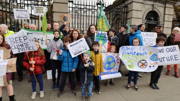Members of the Fridays for Future protesting about climate change outside the Dáil in February. Photograph: Alan Betson / The Irish Times