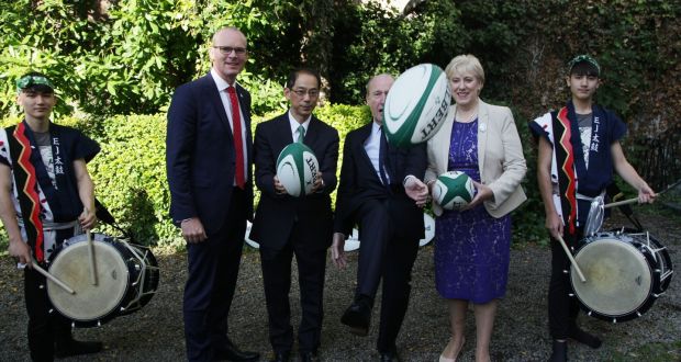 TÃ¡naiste Simon Coveney, Minister for Business Heather Humphreys, Minister for Tourism and Sport Shane Ross and Japanese ambassador Mitsuru Kitano at the announcement of a Japan-focused promotional campaign for Ireland during the Rugby World Cup. Photograph: Stephen Collins/Collins