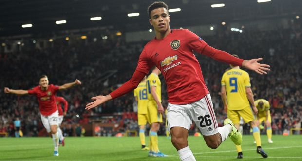 Manchester United striker Mason Greenwood celebrates after scoring Manchester united’s  goal in the  Europa League Group L  match against FC Astana at Old Trafford. Photograph: Oli Scarff/AFP/Getty Images