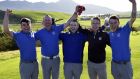 Limerick Golf Club’s   (from left) Ciaran Vaughan, Michael Redden, Justin Kehoe, Owen O’Brien and Sean Enright celebrating victory in the Barton Shield at Westport Golf Club. Photograph:   Pat Cashman