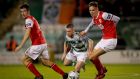 Jack Byrne of Shamrock Rovers tries to go through Leigh Desmond and Cian Coleman of St Patrick’s Athletic during the SSE Airtricity League Premier Division match at Tallaght Stadium. Photograph: Oisín Keniry/Inpho