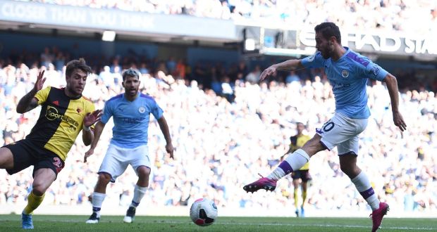Manchester City midfielder Bernardo Silva completes his hat-trick in scoring his side’s seventh  goal during the  Premier League  match against  Watford at the Etihad stadium. Photograph:   Oli Scarff/AFP/Getty Images