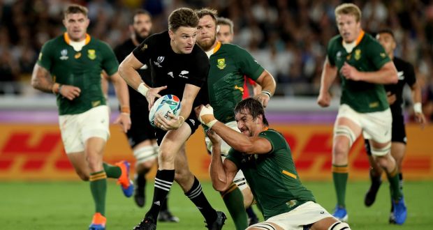 New Zealand fullback Beauden Barrett  makes a break during the Rugby World Cup Group B game between New Zealand and South Africa at the International Stadium in Yokohama. Photograph: Hannah Peters/Getty Images