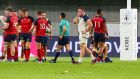 USA flanker John Quill is shown a red card by referee Nic Berry after a dangerous tackle on England’s Owen Farrell during their Rugby World Cup Pool C game at  Kobe Misaki Stadium. Photograph: Craig Mercer/Inpho