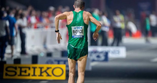 Ireland’s Brendan Boyce moonwalks across the finish line as he came home sixth in the 50km walk at the  IAAF World Athletics Championship at  Corniche in Doha. Photograph: Morgan Treacy/Inpho
