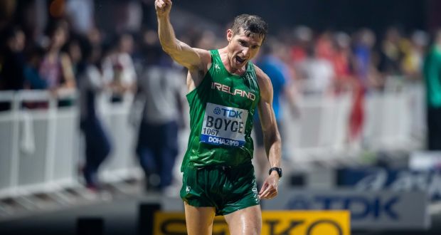 Brendan Boyce celebrates his sixth-place finish in the Men’s 50K Race Walk at the World Athletics Championship in   Doha, Qatar. Photograph: Morgan Treacy/Inpho 