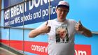 A supporter of UK prime minister Boris Johnson in Manchester on the first day of the annual Conservative Party conference. Photograph: Paul Ellis/AFP/Getty