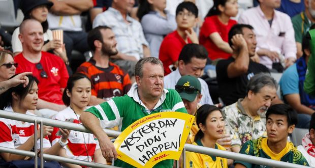 An Ireland supporter displays a poster before the  World Cup Pool D match between Australia and Wales at   Tokyo Stadium on Sunday. Photograph: Odd Andersen/AFP