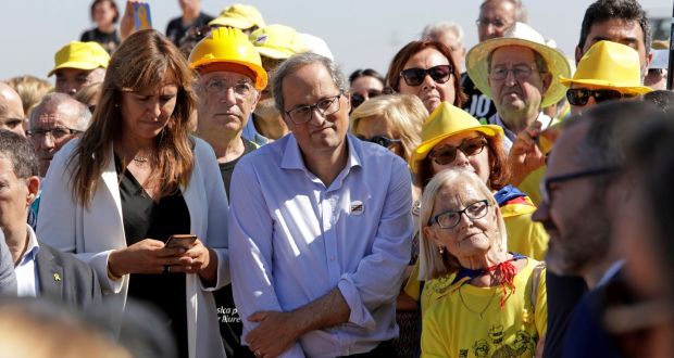 Catalan regional president Quim Torra  attends a rally organised by the pro-independence party JxCat outside the Lledoners prison in Barcelona. Photograph:  Susanna Saez