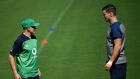 Ireland’s head coach Joe Schmidt and outhalf Jonathan Sexton take part in a training session at the Steelers Training Ground in Kobe this morning. Photograph: Getty Images