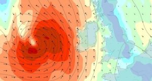 A graphic from weather mapping service Magic Seaweed showing the current expected location of high winds associated with Hurricane Lorenzo  along the west coast of Ireland on Thursday morning. 