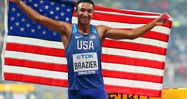 Donavan Brazier of the USA celebrates after winning the men’s 800m final at the IAAF World Athletics Championships at the Khalifa Stadium in Doha, Qatar. Photograph: EPA  