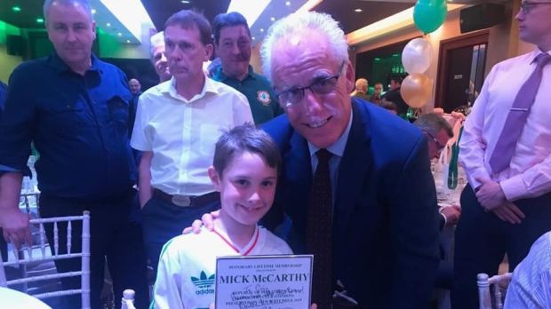 RISSC’s youngest active members Cian Prendergast (7) with Republic of Ireland manager Mick McCarthy this month.