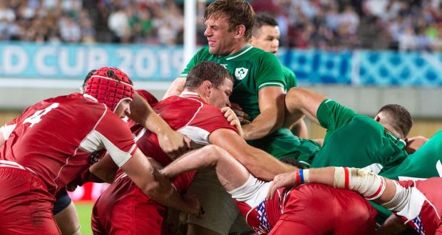 Jordi Murphy gets crushed in a scrum in the  Rugby World Cup Pool A  game between Ireland and Russia in Kobe Misaki Stadium on Thursday. Photoraph: Jayne Russell