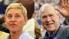 Ellen DeGeneres and George W Bush at the Dallas Cowboys game on Sunday. Photographs: Richard Rodriguez/Getty and Andrew Dieb/Icon Sportswire via Getty