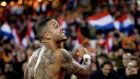 Netherlands’ Memphis Depay celebrates with supporters after the victory over Northern Ireland at the Feyenoord stadium. Photograph:  Koen van Weel/ANP/AFP via Getty Images