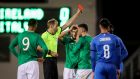 Ireland striker Troy Parrott  reacts after  receiving a red card from referee Sascha Stegemann in the Under-21 European Championship qualifier against Italy at  Tallaght stadium. Photograph: Oisín Keniry/Inpho