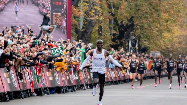 Eliud Kipchoge became the first athlete to run a sub two-hour marathon in Austria on Saturday morning. Photograph: Christian Bruna/EPA
