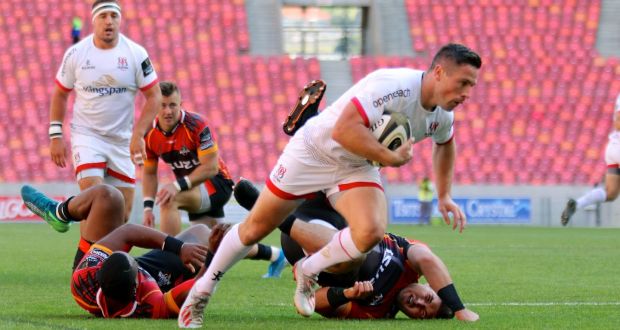 Ulster scrumhalf  John Cooney scores  one of his two tries during the Guinness Pro 14 game against the Southern Kings  at the Nelson Mandela Bay stadium in  Port Elizabeth. Photograph: Richard Huggard/Inpho