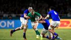 Samoa’s Kane Le’Aupepe  and Chris Vui  tackle Ireland’s Keith Earls  during the  Rugby World Cup Pool A match at  the Hakatanomori Stadium in Fukuoka. Photograph: Adam Davy/PA Wire