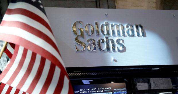 The Goldman Sachs stall on the floor of the New York Stock Exchange in New York.  JPMorgan, Goldman, Citi and Wells Fargo will all report third-quarter earnings on Tuesday. Photograph: Brendan McDermid/Reuters