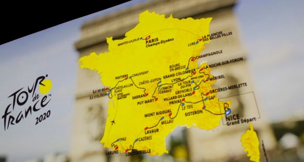 The roadmap of the Tour de France 2020 cycling race is projected on a screen during the event presentation. Photo: Thibault Camus/AP Photo
