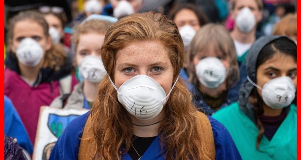 Doctors who gathered earlier this week to protest in support of Extinction Rebellion  in  London to highlight deaths caused by air pollution.  Photograph: Dominic Lipinski/PA Wire