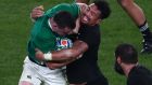 Ireland’s James Ryan is tackled by New Zealand flanker Ardie Savea during the Rugby World Cup quarter-final in Tokyo. Photograph: Behrouz Mehri/AFP via Getty Images