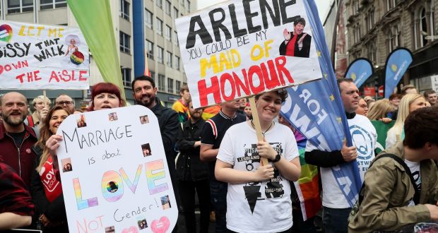Campaigners take part in a march in Belfast city centre demanding same-sex marriage in Northern Ireland. Photograph: Brian Lawless/PA Wire