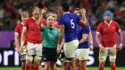 Referee Jaco Peyper shows Sebastien Vahaamahina a red card during France’s Rugby World Cup defeat to Wales. Photograph: Ashley Western/PA
