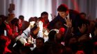 Liberal Leader and Canadian prime minister Justin Trudeau celebrates with supporters as he leaves the stage after the victory speech at his election night headquarters on October 21st, 2019 in Montreal, Canada. Trudeau remains in power with a Minority Government. Photograph: Cole Burston/Getty Images